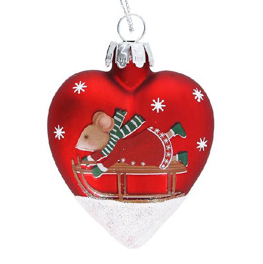 Glass Heart Red, Sally & Alfie Mouse on Sledge 7cm *ETA NOV